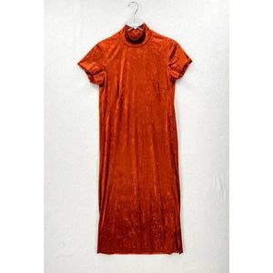 ENZA COSTA Dress Womens Medium Orange Crushed Velvet Half Sleeve Mockneck NEW